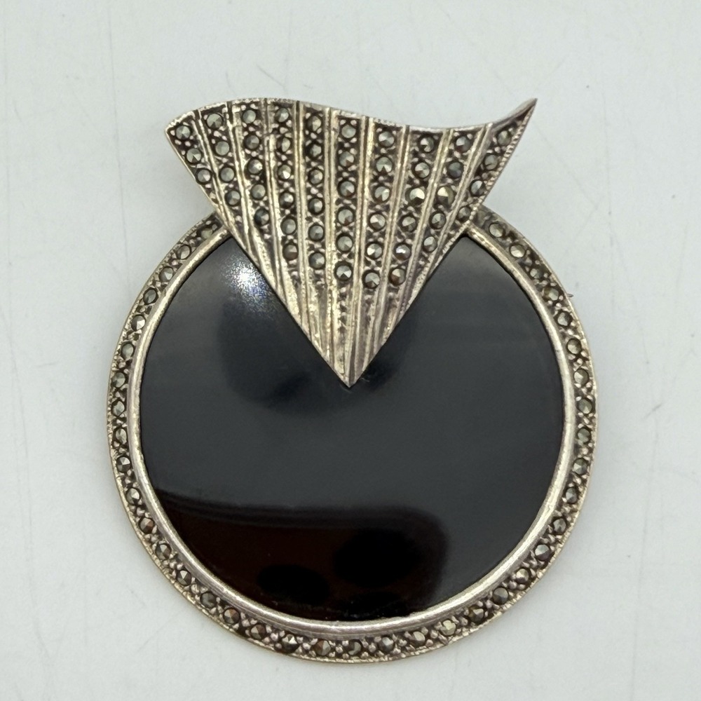 Vtg Bellarri 925 Sterling Silver Brooch Pin Art Deco Marcasite Onyx‎ Large Heavy